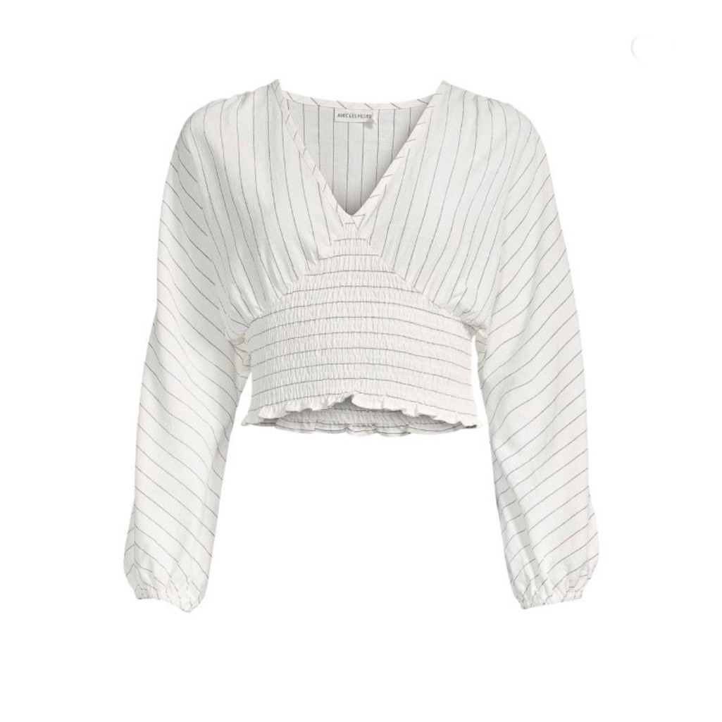 Avec Les Filles Blouson Sleeve Striped Smocked Crop Top, Size S New W/Tag $139